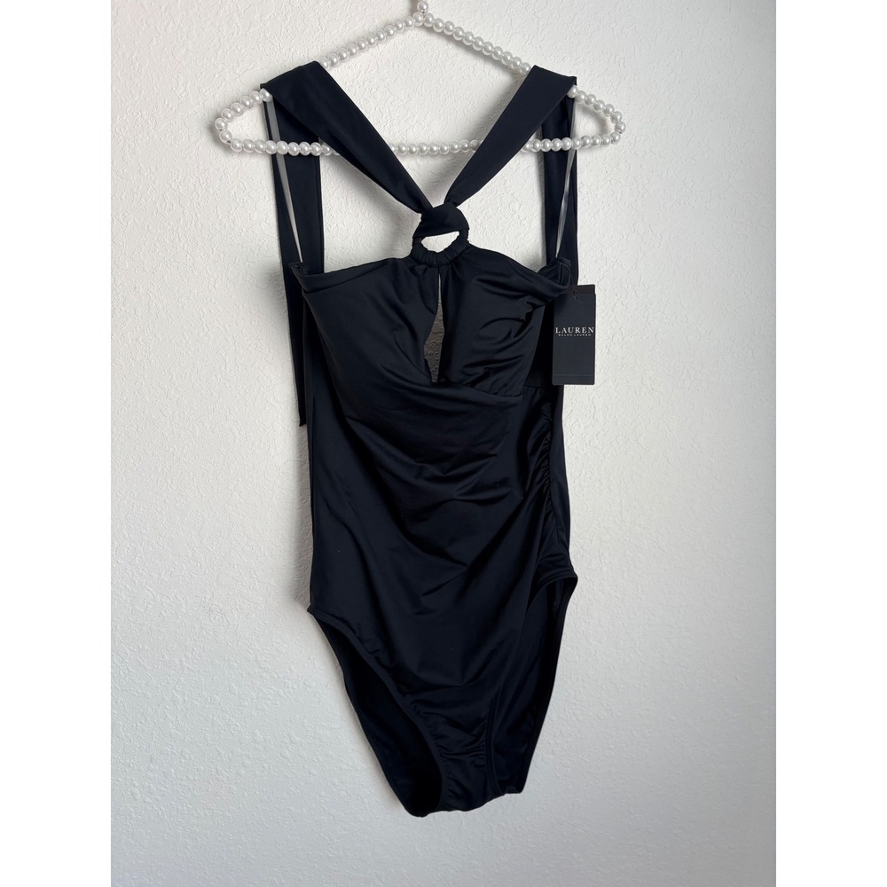 Lauren Ralph Lauren One Piece Swimsuit Womens 14 Black New Halter Ruched Keyhole
